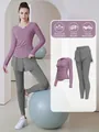 Breathable two-piece purple long sleeve yoga set with grey 2-in-1 leggings for fitness - S / Top And Bottom / Berry Purple Top + Grey Pants