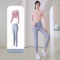 Two-piece nude-feel long-sleeve yoga set with high-waist leggings in pink and gray - S / Top And Bottom / Barbie Pink + Gray Lake Blue