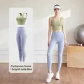 Yoga set in Cardamom Green and Grey Lake Blue shown on model in fitness studio - S / Top And Bottom / Cardamom Green + Gray Lake Blue