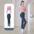 Slim fit pink long sleeve crop top and blue high waist compression leggings yoga set. - S / Top And Bottom / Barbie Pink + Whale Blue