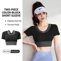 Two-piece style yoga top with built-in bra in black and grey color block - S / Tops / Starry Black