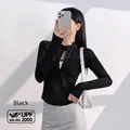 Slim-fit black zip-up yoga jacket with UPF 2000 sun protection - S / Tops / Black