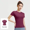Top yoga a maniche corte ad alta elasticità per donna in elegante rosso prugna - Taglia S / Top E Pantaloni / Rosso Bacca