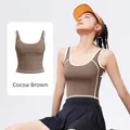 Cocoa brown sports tank top with white piping trim and high-elastic gathered fit - S / Tops / Cocoa