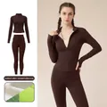 Professional dark brown fleece-lined yoga set for women's winter sports and fitness training - S / Top And Bottom / Distilled Coffee