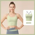 Dames yoga sportbeha schokbestendig in muskaatgroen met grijze bandjes - S / Tops / Kardemomgroen