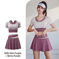 Two-piece lavender yoga tennis skirt set with athletic crop top for fitness and workout - S / Top And Bottom / Milky Purple + Berry Purple