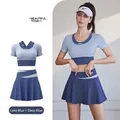 Two-piece sports skirt set for yoga and fitness in grey lake blue and whale blue - S / Top And Bottom / Lake Blue + Whale Blue