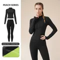 Women's fleece lined yoga set in stellar black with zip jacket and high waist leggings - S / Top And Bottom / Starry Black