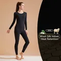Black high elastic wool silk blend thermal underwear set for women with round neck - M / Top And Bottom / Black