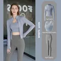 Set da yoga 3 pezzi con giacca blu con zip, reggiseno sportivo e leggings grigi - Taglia S / Set / Blu Lago Grigio + Grigio Sale Marino