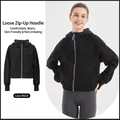 Sweat à capuche zippé noir ample pour femme, doublé polaire chaud en coloris Lazy Black. - M/L / Hauts / Noir Paresseux