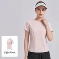 Women's loose summer yoga t-shirt with mesh back for running and sports in light pink - S / Tops / Light Pink