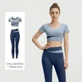 Zweiteiliges hochelastisches Yoga-Set mit Farbblock in Grauseeblau und Walblau Sport - S / Oberteil Und Unterteil / Grauer Seeblau Hose Set