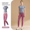 Set da yoga sportivo ad alta elasticità con top blu lago e leggings a vita alta rosa - Blu Lago Grigio + Rosa Antico