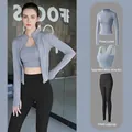 Set yoga da donna 3 pezzi con giacca blu con zip, reggiseno sportivo e leggings neri - Taglia S / Set / Blu Lago Grigio + Nero Stellato