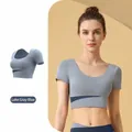Graublaues hochdehnbares Yoga-Crop-Top mit festen Polstern im Color-Block-Design für Fitness - S / Oberteile / Graublau
