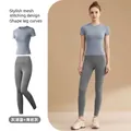 Completo yoga fitness ad alta elasticità con top blu e leggings grigi - Blu Lago Grigio + Grigio Sale Marino