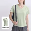 Women's light green V-neck yoga t-shirt with back mesh detail for summer sports - S / Tops / Mint Green