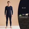 Premium navy blue men's thermal underwear set featuring soft wool silk fleece for winter warmth - M / Top And Bottom / Dark Blue