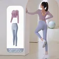 Berry purple long sleeve yoga top and grey blue high waist compression leggings set - S / Top And Bottom / Berry Purple + Gray Lake Blue