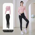 Women's Barbie Pink long sleeve top and Starry Black high waist leggings yoga set - S / Top And Bottom / Barbie Pink + Stellar Black