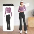 Ensemble de yoga avec haut court à manches longues violet et legging évasé noir - Violet Baie + Noir Stellaire