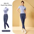 High-elastic slim fit yoga set featuring light blue short sleeve top and dark blue leggings - S / Top And Bottom / Light Frost Blue + Whale Blue