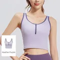 Reggiseno sportivo yoga a coste viola con cerniera frontale e bordi a contrasto scuri. - Taglia S / Top / Viola Erica