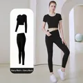 Starry black athletic yoga set featuring long-sleeve crop top and high-waist leggings - S / Top And Bottom / Starry Black + Starry Black
