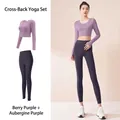 Set yoga slim due pezzi in viola bacca e viola melanzana scuro a maniche lunghe - Taglia S / Top E Pantaloni / Viola Bacca + Viola Melanzana Profondo