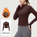 Slim fit thermal long sleeve yoga jacket with fleece lining in dark distilled coffee brown. - S / Tops / Distilled Coffee