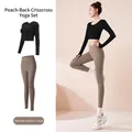 Completo yoga due pezzi con top nero a maniche lunghe e leggings marrone moka a vita alta. - Taglia S / Top E Pantaloni / Nero Stellato + Cacao