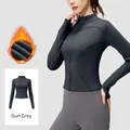 Thermal long-sleeved fleece yoga jacket with stand collar in charcoal gun grey finish - S / Tops / Gunmetal