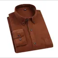 Vintage men's brown long-sleeve cotton corduroy shirt featuring a button-down collar - S / Tops / Dark Brown