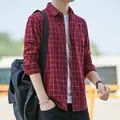 Men's breathable burgundy cotton plaid shirt, casual slim fit long sleeve button-down top - S/38 / Tops / Burgundy