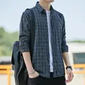 Classic men's dark grey plaid long-sleeve casual shirt with white grid pattern design - S/38 / Tops / Black