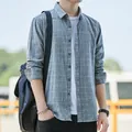 Men's stylish breathable cotton long-sleeve plaid shirt in grey color with white grid pattern - XL/41 / Tops / Gray (C706)