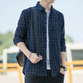 Men's breathable navy blue checkered long-sleeved casual slim fit shirt for outdoors - S/38 / Tops / Navy Blue