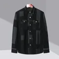 Lässiges schwarzes Herren-Jeanshemd mit grauen Patchwork-Blöcken und Brusttaschen - XL/41 / Oberteile / Farbblock Schwarz Kariert