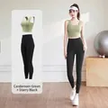 Two-piece yoga set with cardamom green sports bra and black high waist leggings - S / Top And Bottom / Nutmeg Green + Starry Black