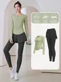 Salbeigrüne langärmelige Yoga-Oberteil und schwarze Leggings mit Shorts Sport-Set - Kardamomgrün Oberteil und Schwarze Hose