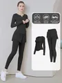 Schwarzes langärmliges Damen Yoga-Set, atmungsaktive Lauf- und Fitness-Sportbekleidung - Sternenschwarz Oberteil und Schwarze Hose