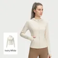 Women's slim fit hooded sports yoga jacket with zipper pockets in elegant ivory white - S / Tops / Ivory