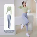 Naked-feel long-sleeve yoga top and high-waist leggings set in cardamom green and blue - S / Top And Bottom / Cardamom Green + Gray Lake Blue