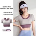 Slim fit colorblock yoga top with built-in sports bra in milk tea gray and berry purple - S / Tops / Creamy Purple