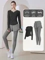 Zweiteiliges Sportset für Damen mit schwarzem Langarm-Top und grauen Lagen-Leggings - Sternenschwarz Oberteil und graue Hose