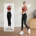 Premium caramel and black high-waisted yoga set including sports bra and leggings - Caramel + Starry Black