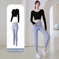 Naked-feel fitness set: black long sleeve yoga top and gray-blue high waist leggings - S / Top And Bottom / Starry Black + Grey Lake Blue