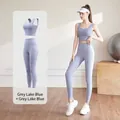 Two-piece yoga set in grey lake blue including sports bra and high-waist leggings - Grey Lake Blue + Grey Lake Blue